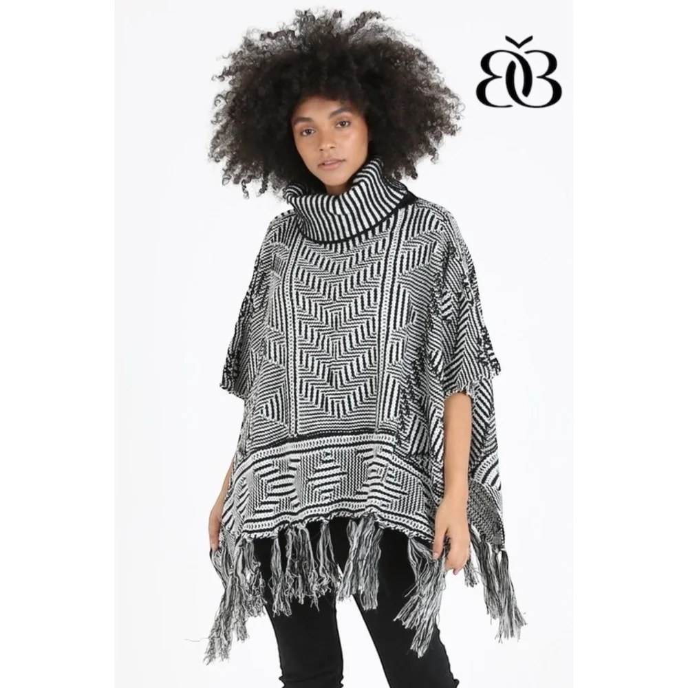 Angie Black White Turtleneck Fringe Poncho Sweater | Boho Fall Winter Layer
